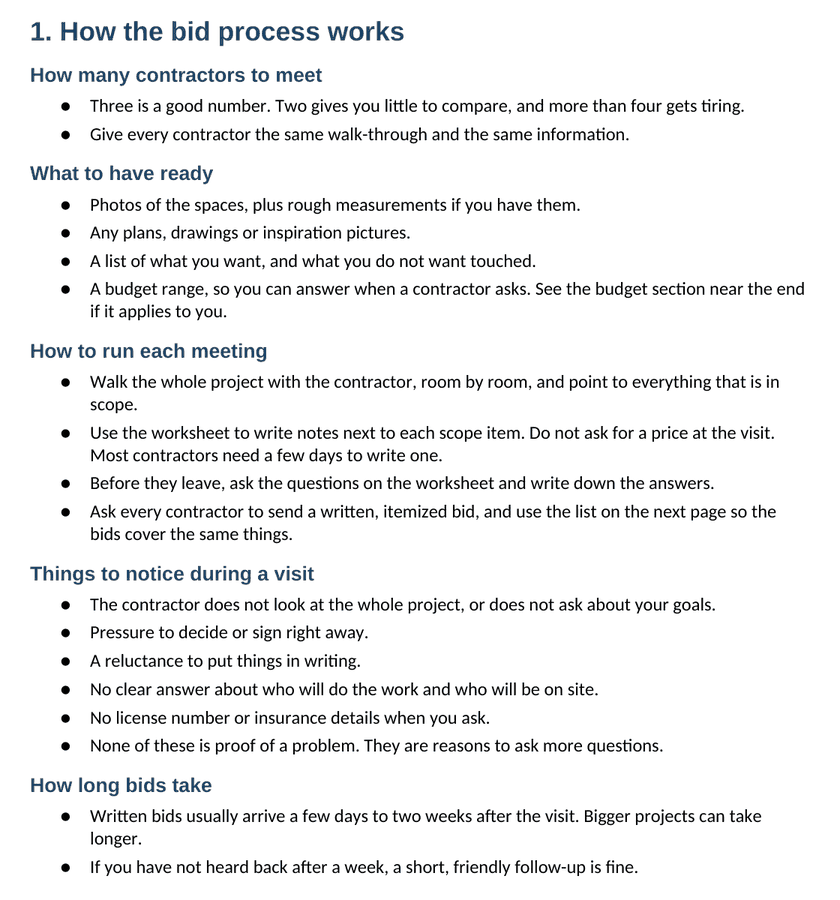 A page from a sample kit: how the bid process works, from how many contractors to meet to how long bids take.