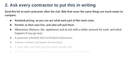 Top of the sample kit page listing what to ask every contractor to put in writing.