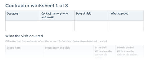 Top of a sample contractor worksheet: the visit details and the start of the scope table.