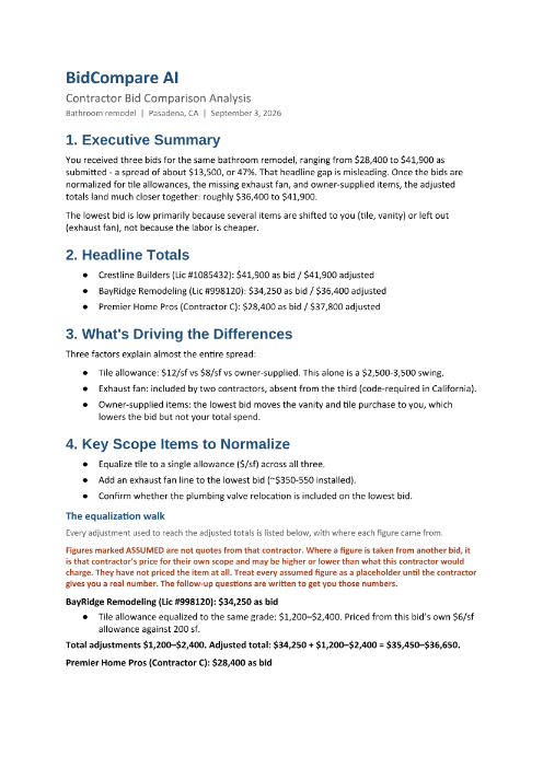 Sample report, page 1: an executive summary of a fictional bathroom remodel bid comparison.