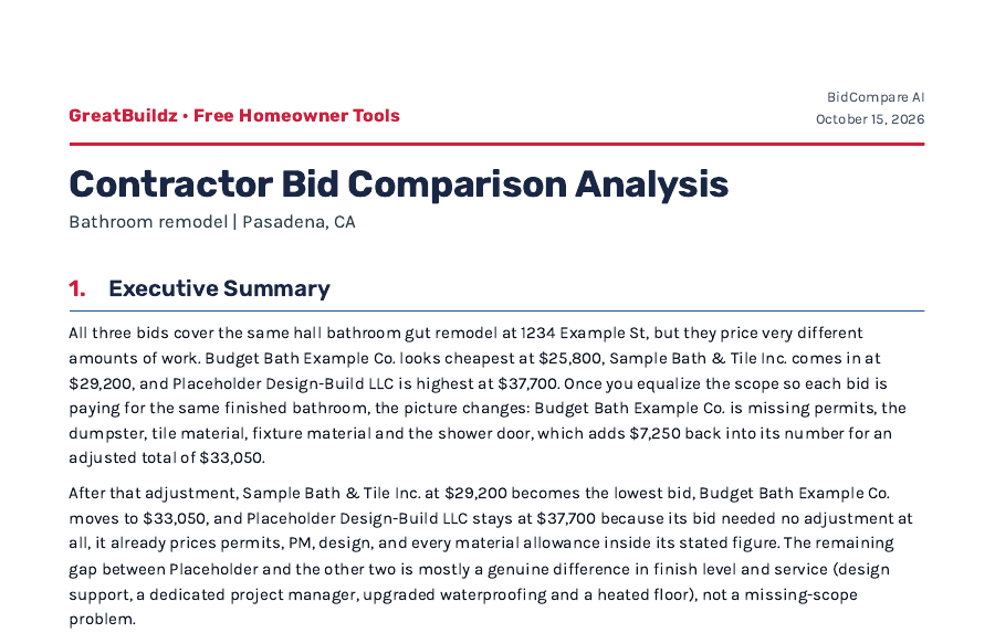 Top of the sample report: the executive summary of a fictional bathroom remodel bid comparison.
